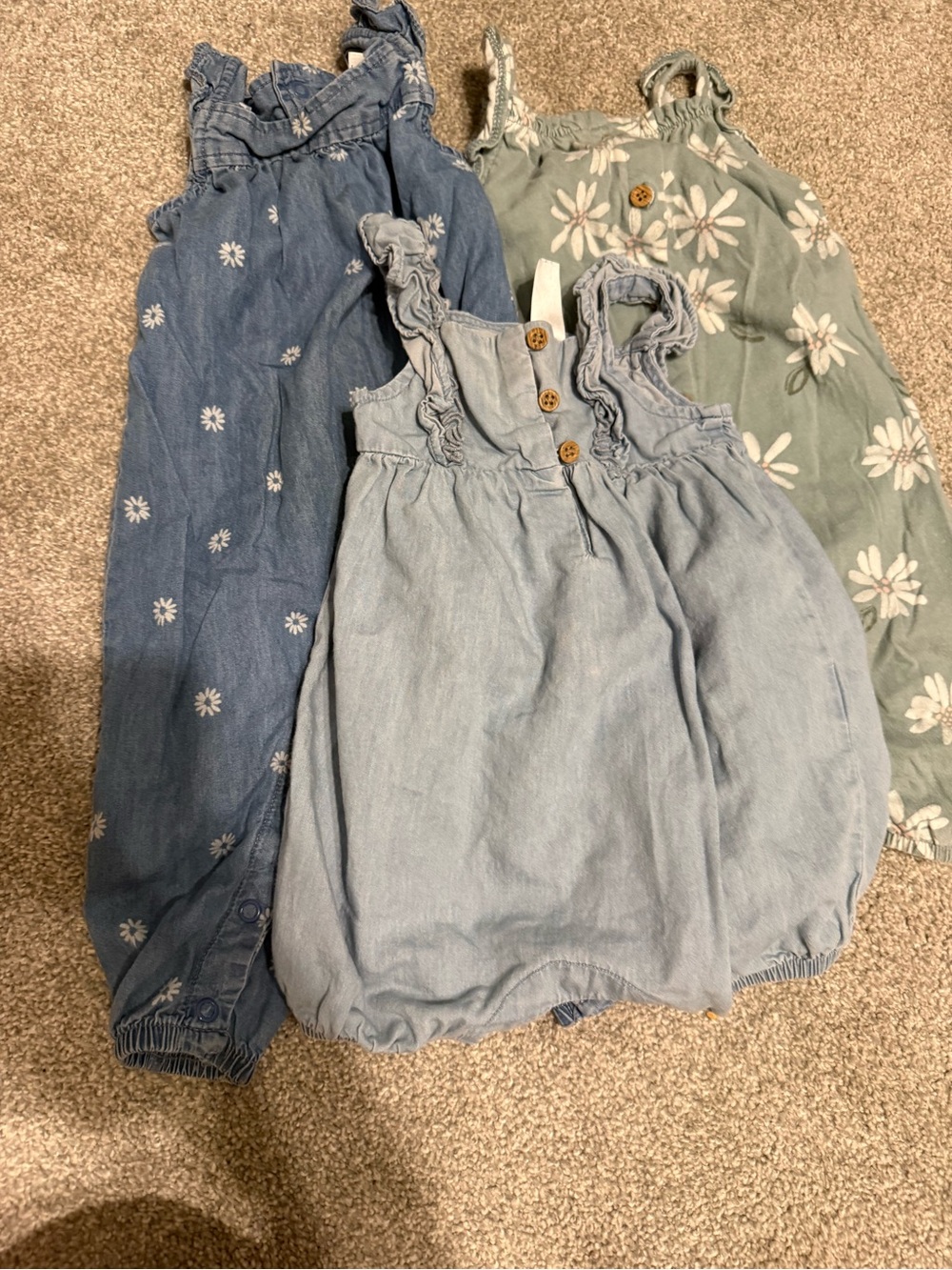 Carter's Girls Blue and Green Floral Denim Rompers - 3 Pack